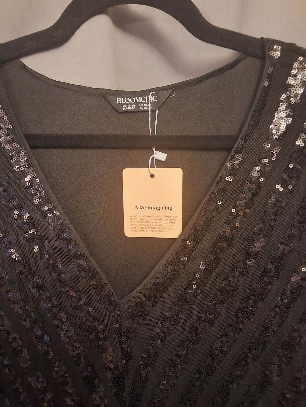Bloomchic Plus Size 2X 18-20 Black Shimmery Sequin V Neck Dress with Pockets - Picture 8 of 9